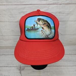 Vintage 3D Foam Patch Largemouth Bass Fishing Mesh Snapback Trucker Hat Cap RED